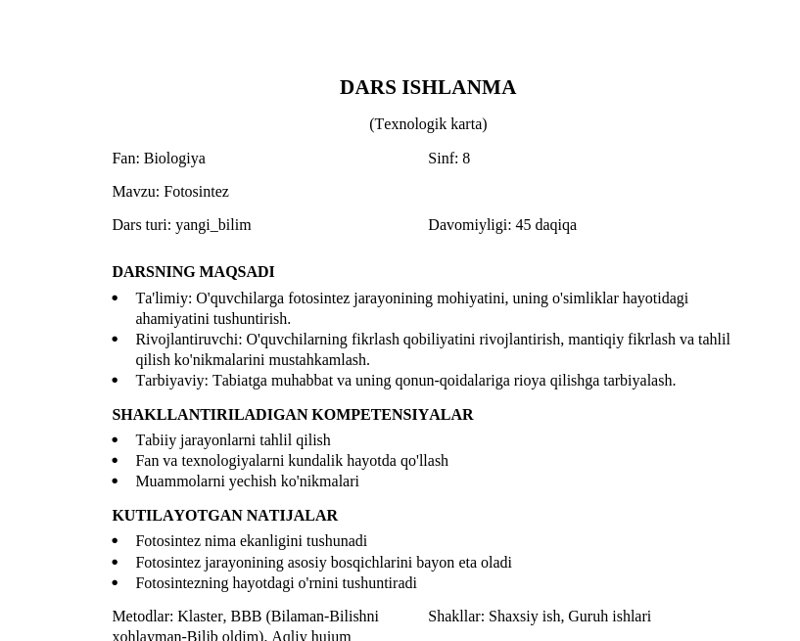 Eduped tomonidan yaratilgan dars ishlanma namunasi — Biologiya, 8-sinf, Fotosintez mavzusi